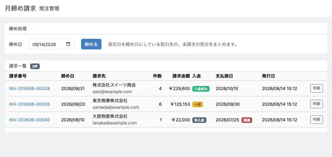 管理画面の月締め請求の一覧。株式会社スイーツ商会が入金済み、東京商事株式会社が一部、大阪物産株式会社が未入金で支払期日2026/07/25に超過のバッジが付いている