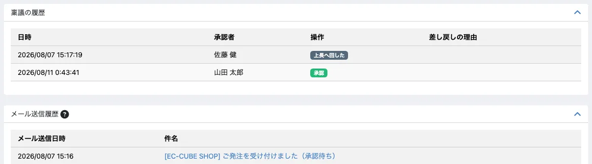 受注編集画面。「稟議の履歴」というカードに、2026/08/07 15:17:19 佐藤 健「上長へ回した」、2026/08/11 0:43:41 山田 太郎「承認」の2行が並んでいる。その下に本体のメール送信履歴のカードが続く