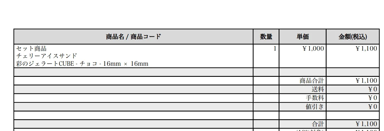 納品書PDFの明細表。商品名の欄に「セット商品」と、その内訳であるチェリーアイスサンドと彩のジェラートCUBEが続けて印字されている