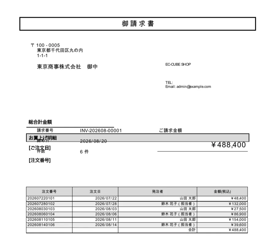 納品書の背景を敷いた請求書。「総合計金額」「お買上げ明細」「[ご注文日]」「[注文番号]」の見出しが印刷されていて、自分で描いた請求番号・締め日・件数・ご請求金額と重なっている