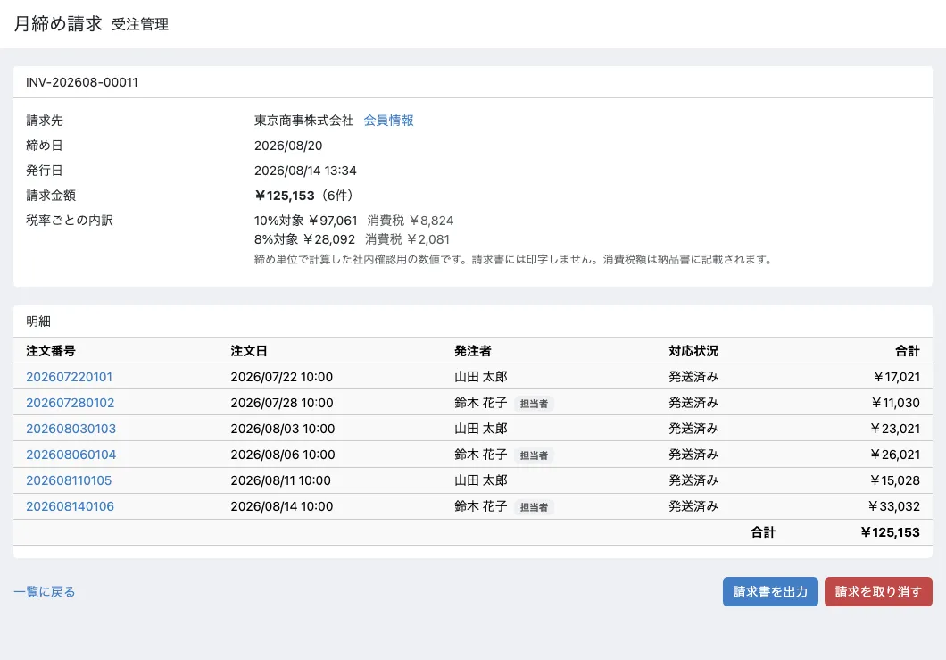 管理画面の請求の明細。税率ごとの内訳として10%対象¥97,061 消費税¥8,824、8%対象¥28,092 消費税¥2,081が並び、その下に「締め単位で計算した社内確認用の数値です。請求書には印字しません。消費税額は納品書に記載されます。」と注記がある