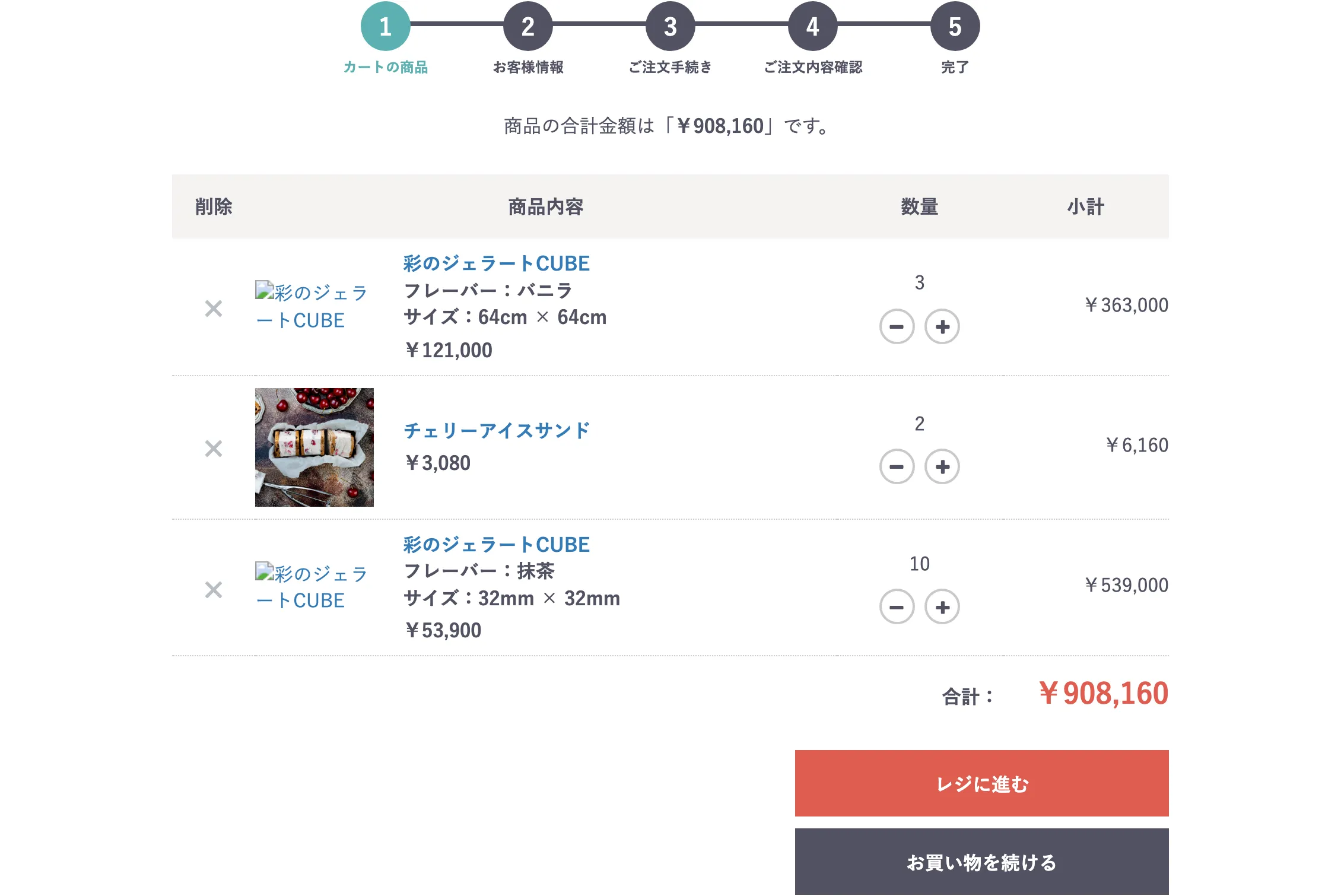 送信後のショッピングカート画面。入力した3行が明細になり、彩のジェラートCUBE（バニラ）が3点、チェリーアイスサンドが2点、彩のジェラートCUBE（抹茶）が10点並んでいる
