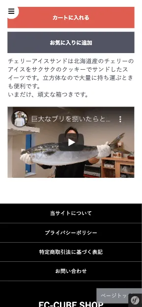 レスポンシブ対応したあとのスマホ表示。埋め込んだYouTube動画が商品説明の幅に収まっている